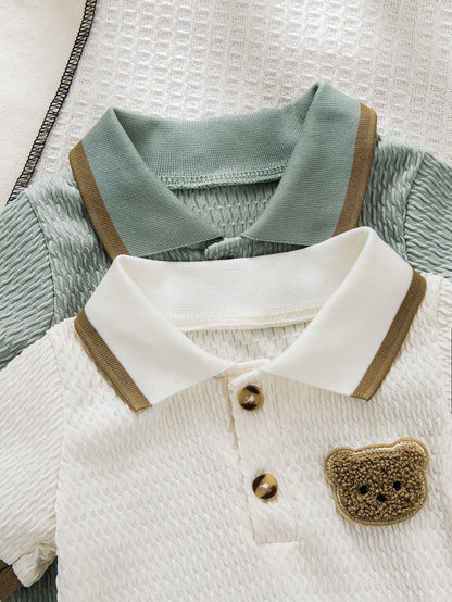 2pcs/Set Summer New Baby Boy POLO Collar Embroidered Bear Jacquard Solid Color Short Sleeve Romper