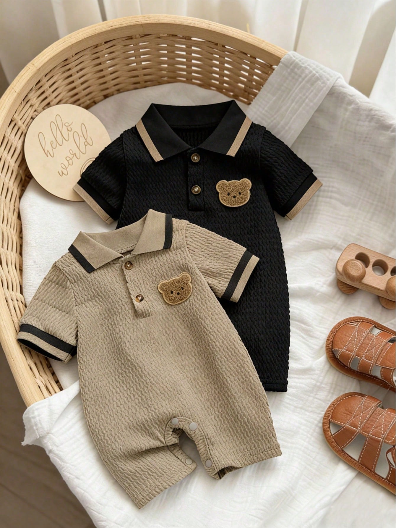 2pcs/Set Summer New Baby Boy POLO Collar Embroidered Bear Jacquard Solid Color Short Sleeve Romper