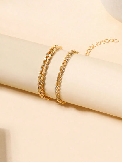 2pcs/set Vintage & Fashionable Simple Chain Style Double Layer Anklet For Women