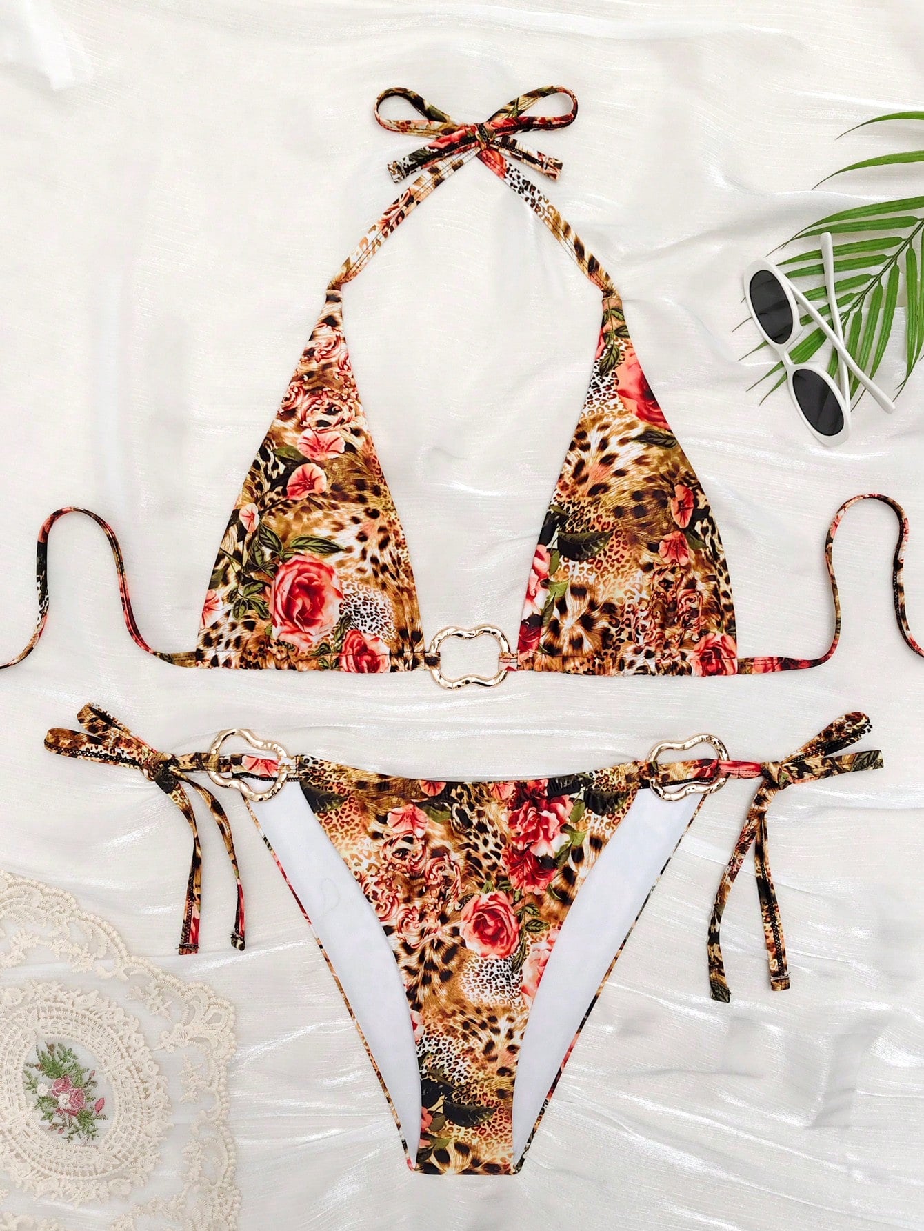 2pcs/Set Women's Sexy Leopard Print & Floral Spaghetti Strap Bikini Swimsuit, Suitable For Summer Vacation, Beach Swimming, Detachable Lining, Leopard Print Tie Swimwear, Suitable For Summer Vacation