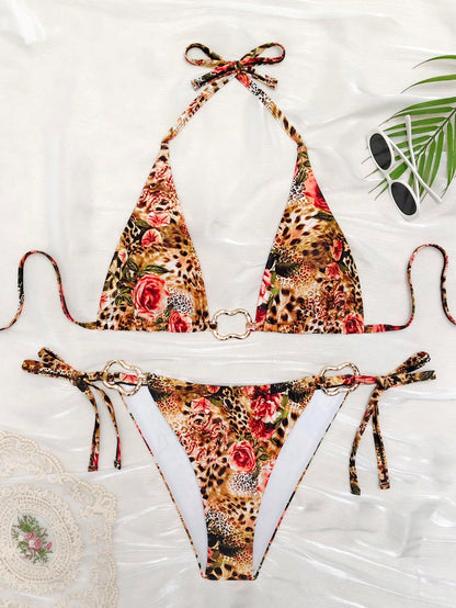 2pcs/Set Women's Sexy Leopard Print & Floral Spaghetti Strap Bikini Swimsuit, Suitable For Summer Vacation, Beach Swimming, Detachable Lining, Leopard Print Tie Swimwear, Suitable For Summer Vacation