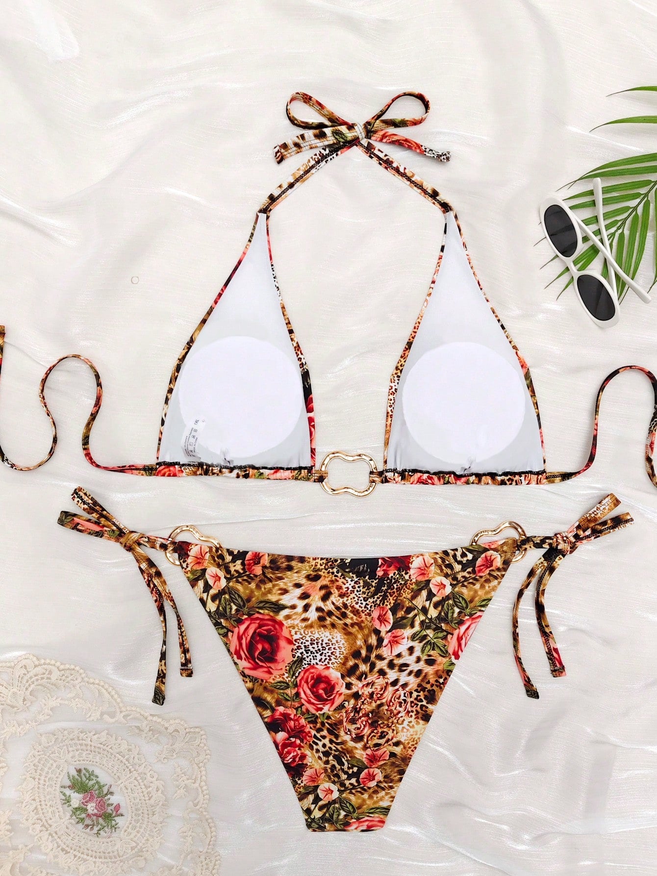 2pcs/Set Women's Sexy Leopard Print & Floral Spaghetti Strap Bikini Swimsuit, Suitable For Summer Vacation, Beach Swimming, Detachable Lining, Leopard Print Tie Swimwear, Suitable For Summer Vacation