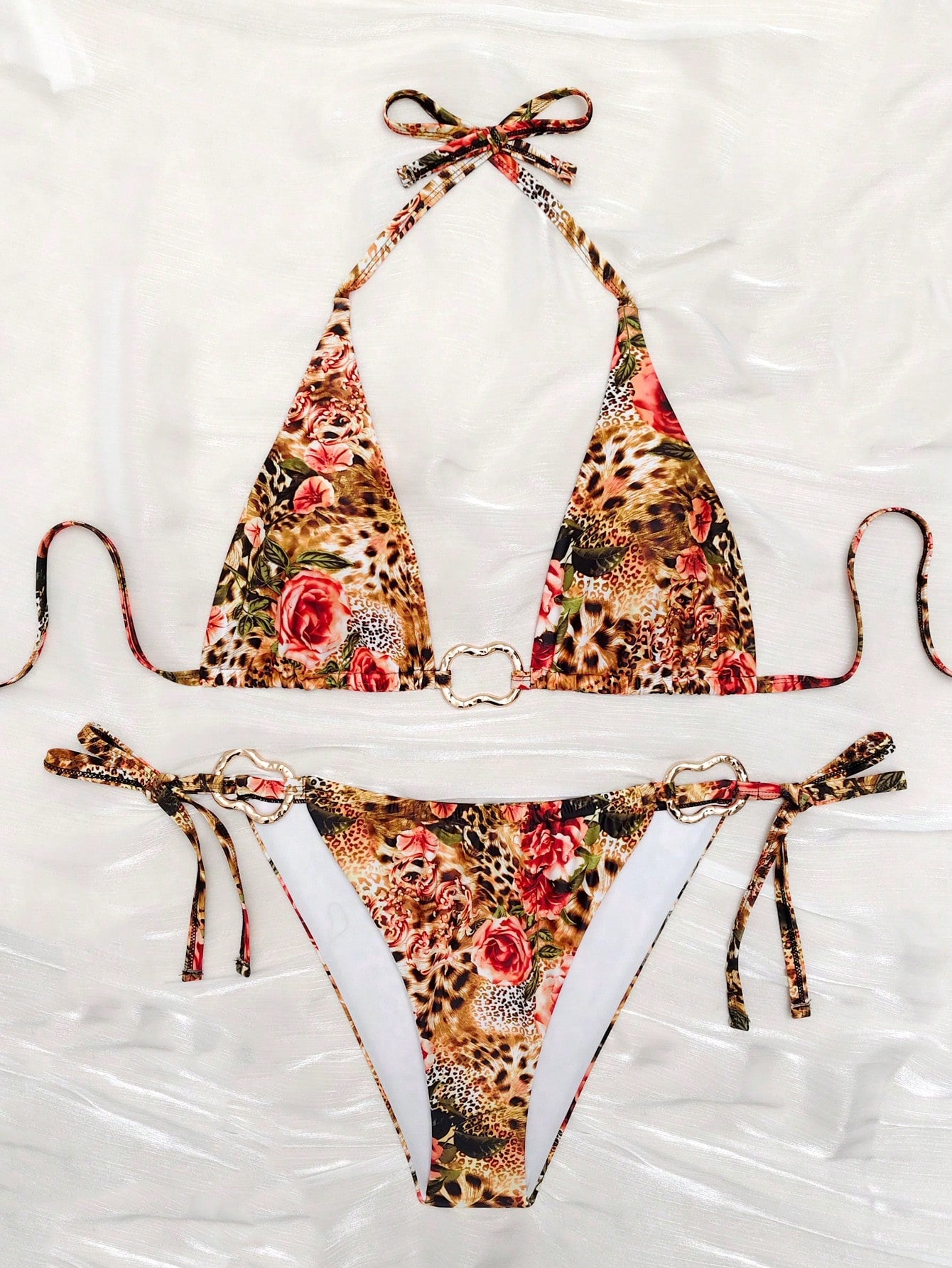 2pcs/Set Women's Sexy Leopard Print & Floral Spaghetti Strap Bikini Swimsuit, Suitable For Summer Vacation, Beach Swimming, Detachable Lining, Leopard Print Tie Swimwear, Suitable For Summer Vacation