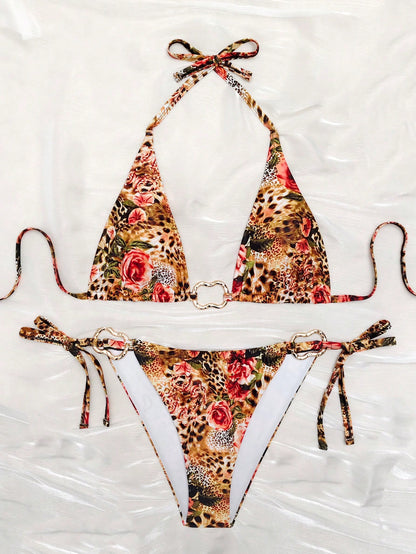 2pcs/Set Women's Sexy Leopard Print & Floral Spaghetti Strap Bikini Swimsuit, Suitable For Summer Vacation, Beach Swimming, Detachable Lining, Leopard Print Tie Swimwear, Suitable For Summer Vacation
