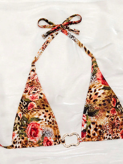 2pcs/Set Women's Sexy Leopard Print & Floral Spaghetti Strap Bikini Swimsuit, Suitable For Summer Vacation, Beach Swimming, Detachable Lining, Leopard Print Tie Swimwear, Suitable For Summer Vacation
