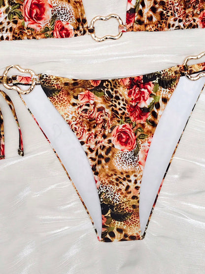 2pcs/Set Women's Sexy Leopard Print & Floral Spaghetti Strap Bikini Swimsuit, Suitable For Summer Vacation, Beach Swimming, Detachable Lining, Leopard Print Tie Swimwear, Suitable For Summer Vacation