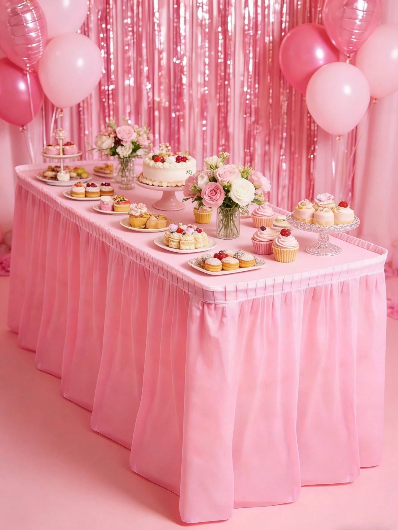 2pcs Tablecloth And Table Skirt Set, Table Runner, Tablecloth, Disposable Tablecloth, Square Tablecloth, Pink Party Table Skirt, Birthday Party Table Decor, Home Birthday Decor, Birthday Party Supplie