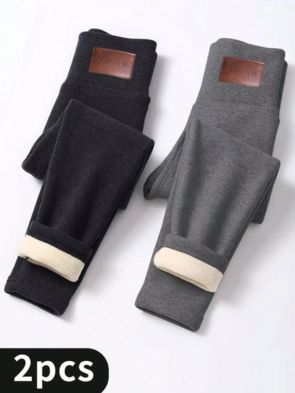 2PCS Thermal Lined Leggings Women- Thick Soft High Waisted Black Tummy Control Thermal Warm Velvet Pants For Cold Winter