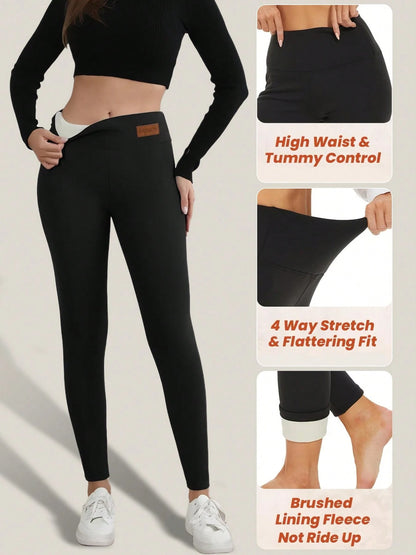 2PCS Thermal Lined Leggings Women- Thick Soft High Waisted Black Tummy Control Thermal Warm Velvet Pants For Cold Winter