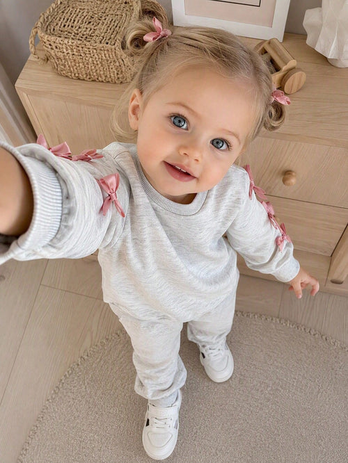 2pcs Toddler Baby Infant Girls Cute Y2K Pink Bow Knot Long Sleeve Soft Thick Hoodies Sweatpants 2 Piece Sets Clothes Back To School Fall Squishy Tops