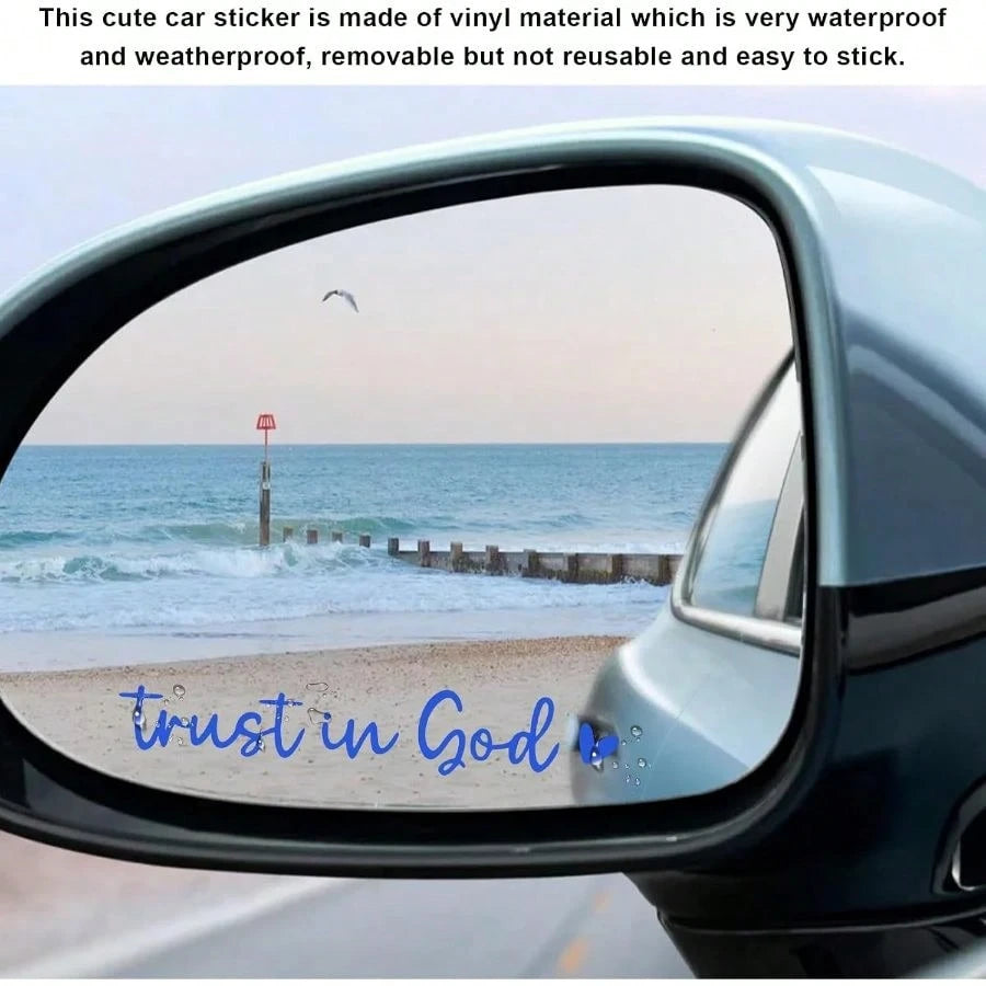 2PCS Trust In God Rearview Mirror Decals, Self Affirmation Decor Waterproof Vinyl Car Mirror Sticker, Christian Jesus Car Decal Religious Decor Window Laptop Tumbler (Blue)