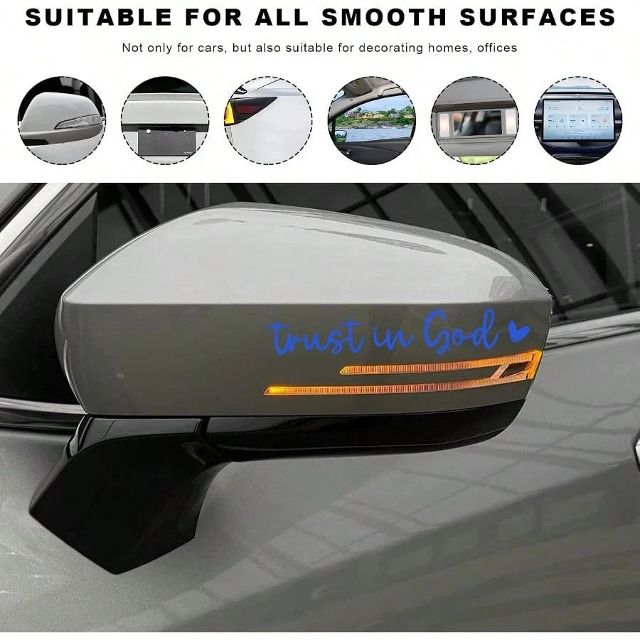2PCS Trust In God Rearview Mirror Decals, Self Affirmation Decor Waterproof Vinyl Car Mirror Sticker, Christian Jesus Car Decal Religious Decor Window Laptop Tumbler (Blue)