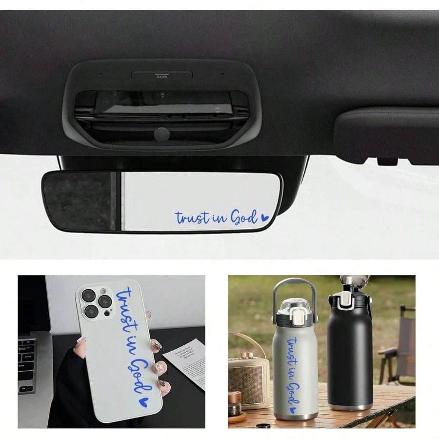 2PCS Trust In God Rearview Mirror Decals, Self Affirmation Decor Waterproof Vinyl Car Mirror Sticker, Christian Jesus Car Decal Religious Decor Window Laptop Tumbler (Blue)