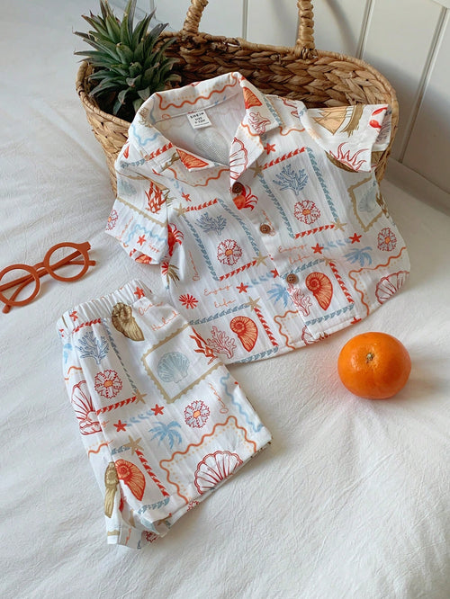 2pcs Unisex Baby Boy/Girl Casual Cute Vacation Style Short Sleeve Shirt And Shorts Set, Baby Boy Outfit Sets, Baby Boy Summer Clothes