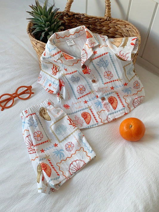 2pcs Unisex Baby Boy/Girl Casual Cute Vacation Style Short Sleeve Shirt And Shorts Set, Baby Boy Outfit Sets, Baby Boy Summer Clothes