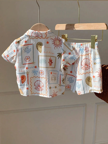 2pcs Unisex Baby Boy/Girl Casual Cute Vacation Style Short Sleeve Shirt And Shorts Set, Baby Boy Outfit Sets, Baby Boy Summer Clothes