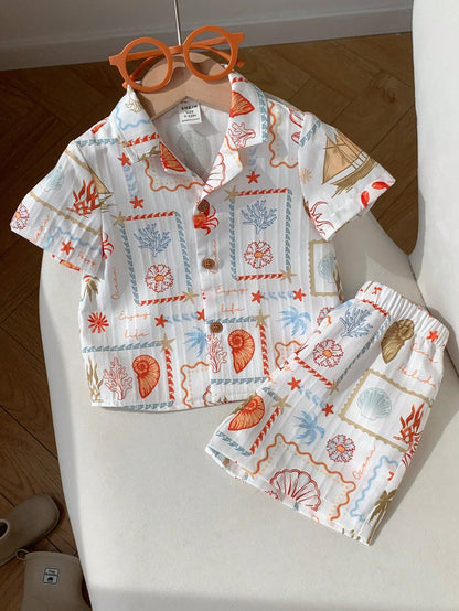 2pcs Unisex Baby Boy/Girl Casual Cute Vacation Style Short Sleeve Shirt And Shorts Set, Baby Boy Outfit Sets, Baby Boy Summer Clothes
