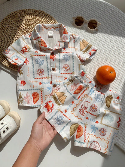 2pcs Unisex Baby Boy/Girl Casual Cute Vacation Style Short Sleeve Shirt And Shorts Set, Baby Boy Outfit Sets, Baby Boy Summer Clothes
