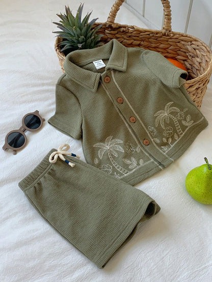 2pcs Unisex Baby Boy/Girl Casual Cute Vacation Style Short Sleeve Shirt And Shorts Set, Baby Boy Outfit Sets, Baby Boy Summer Clothes