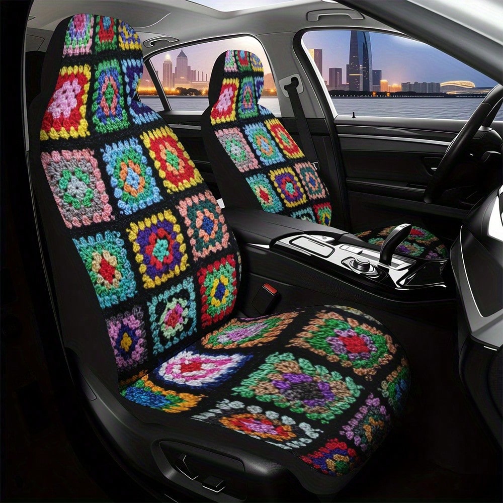 2Pcs Universal Modern Colorful Granny Square Blanket Design Printed Car Seat Covers, Breathable And Non-Slip, Front Seat Covers For Cars Durable And Washable, Perfect Choice To Decorate Your Car