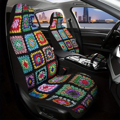 2Pcs Universal Modern Colorful Granny Square Blanket Design Printed Car Seat Covers, Breathable And Non-Slip, Front Seat Covers For Cars Durable And Washable, Perfect Choice To Decorate Your Car
