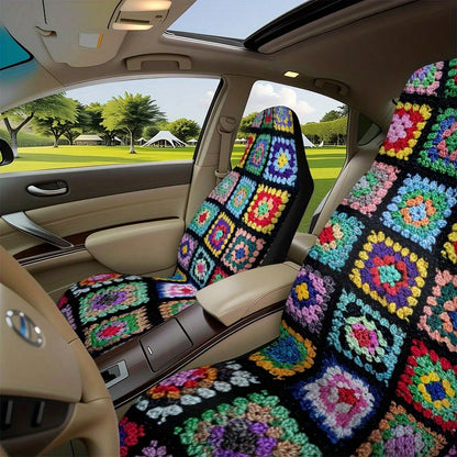2Pcs Universal Modern Colorful Granny Square Blanket Design Printed Car Seat Covers, Breathable And Non-Slip, Front Seat Covers For Cars Durable And Washable, Perfect Choice To Decorate Your Car