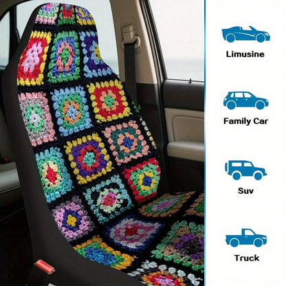 2Pcs Universal Modern Colorful Granny Square Blanket Design Printed Car Seat Covers, Breathable And Non-Slip, Front Seat Covers For Cars Durable And Washable, Perfect Choice To Decorate Your Car