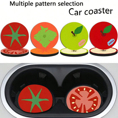 2pcs Vegetable & Fruit Car Cup Coasters, 2.75 Inch Round Decorative Car Cup Coasters, Home And Car Water Cup Coasters, Unisex Car Interior Accessories, Decorative Cup Coasters, Suitable As Holiday Bir