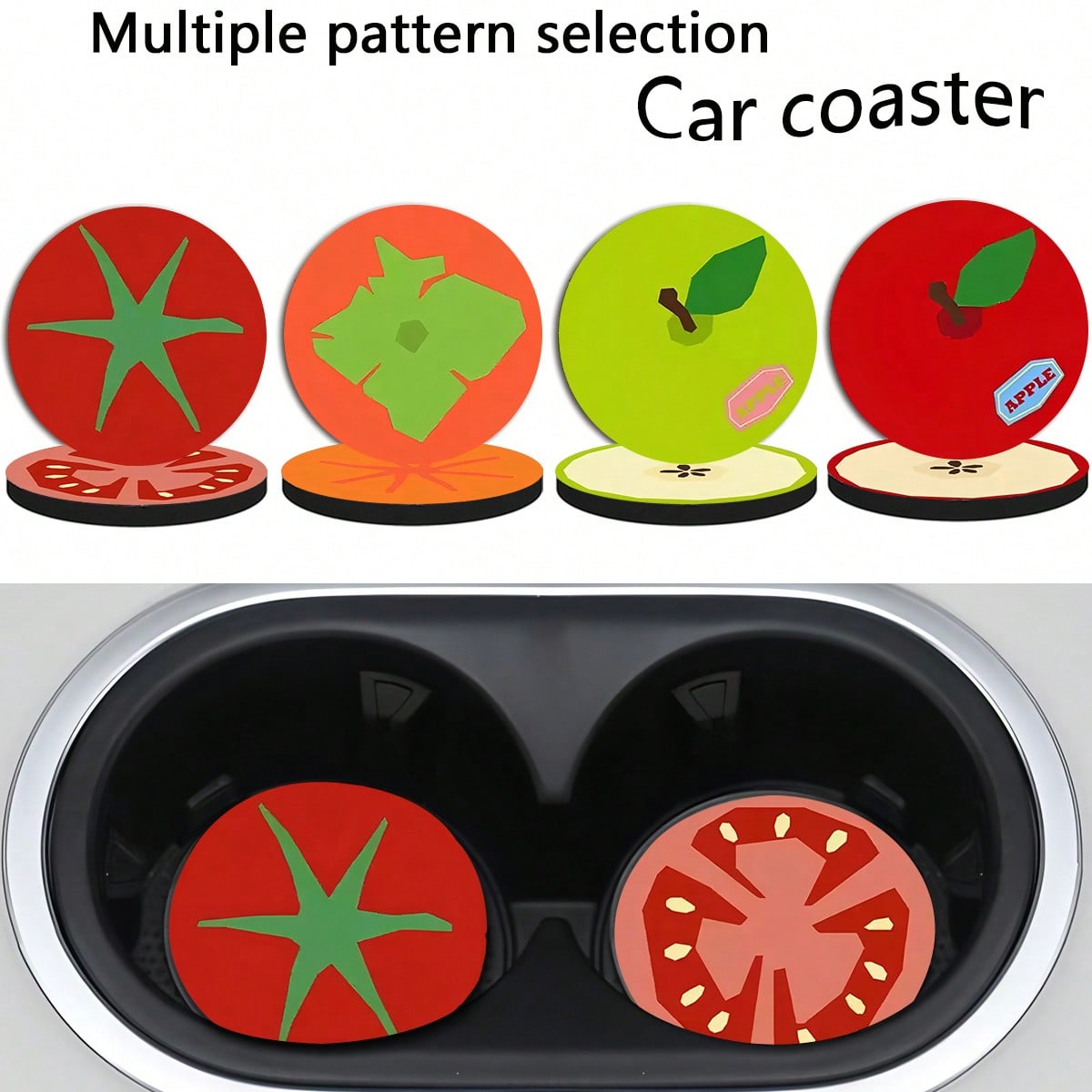 2pcs Vegetable & Fruit Car Cup Coasters, 2.75 Inch Round Decorative Car Cup Coasters, Home And Car Water Cup Coasters, Unisex Car Interior Accessories, Decorative Cup Coasters, Suitable As Holiday Bir