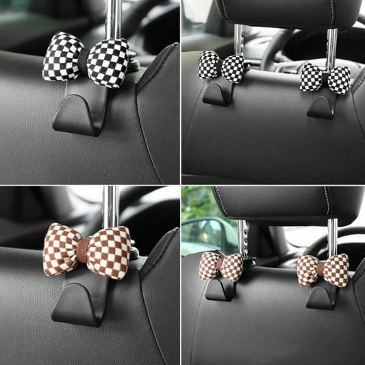 2pcs Vintage Checkered Bow Car Headrest Hooks, Hidden Car Seat Back Hooks, Car Interior Decoration Accessories