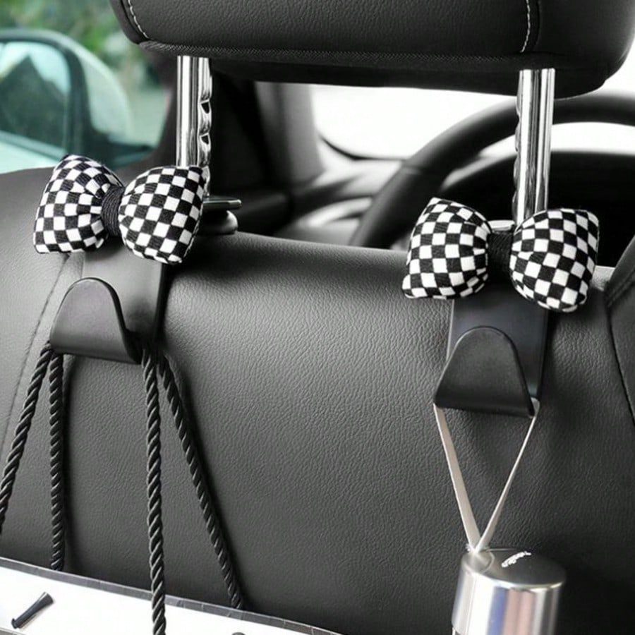 2pcs Vintage Checkered Bow Car Headrest Hooks, Hidden Car Seat Back Hooks, Car Interior Decoration Accessories