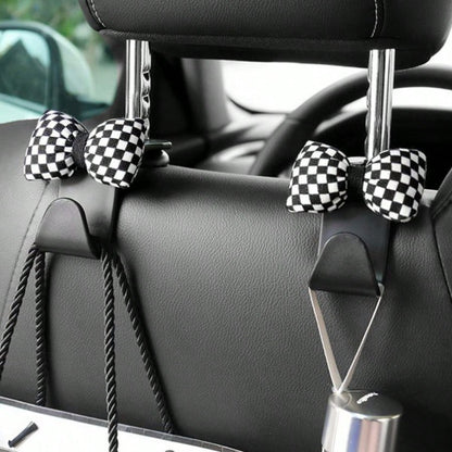 2pcs Vintage Checkered Bow Car Headrest Hooks, Hidden Car Seat Back Hooks, Car Interior Decoration Accessories