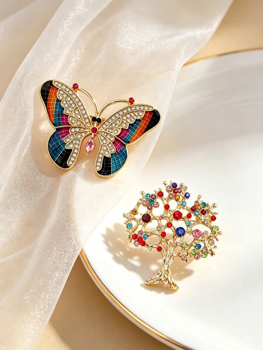 2pcs Vintage Colorful Rhinestone Brooch, Butterfly And Tree Of Life Pin, Luxury Texture Brooch, Suitable For Suit, Coat And Sweater, Retro Vintage Style, Creative Gift For Best Friend