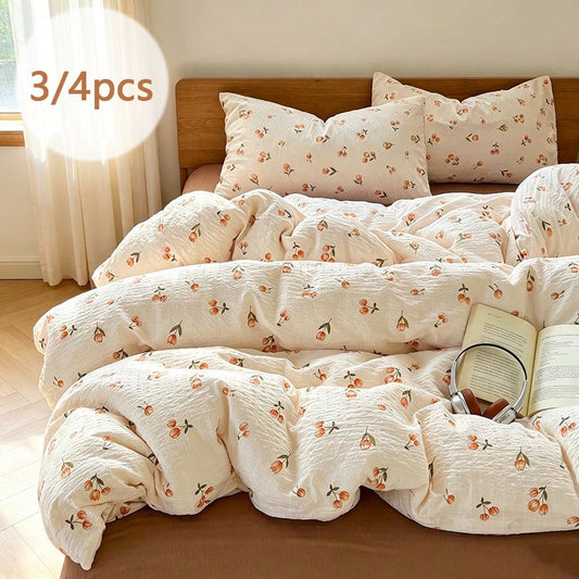 3/4pcs Orange Tulip Pattern Duvet Cover Set, French Country Style Bubble Gauze Duvet Cover, Reversible, Soft And Breathable, Machine Washable, Hand Washable, Vintage European Country Aesthetic Bedding