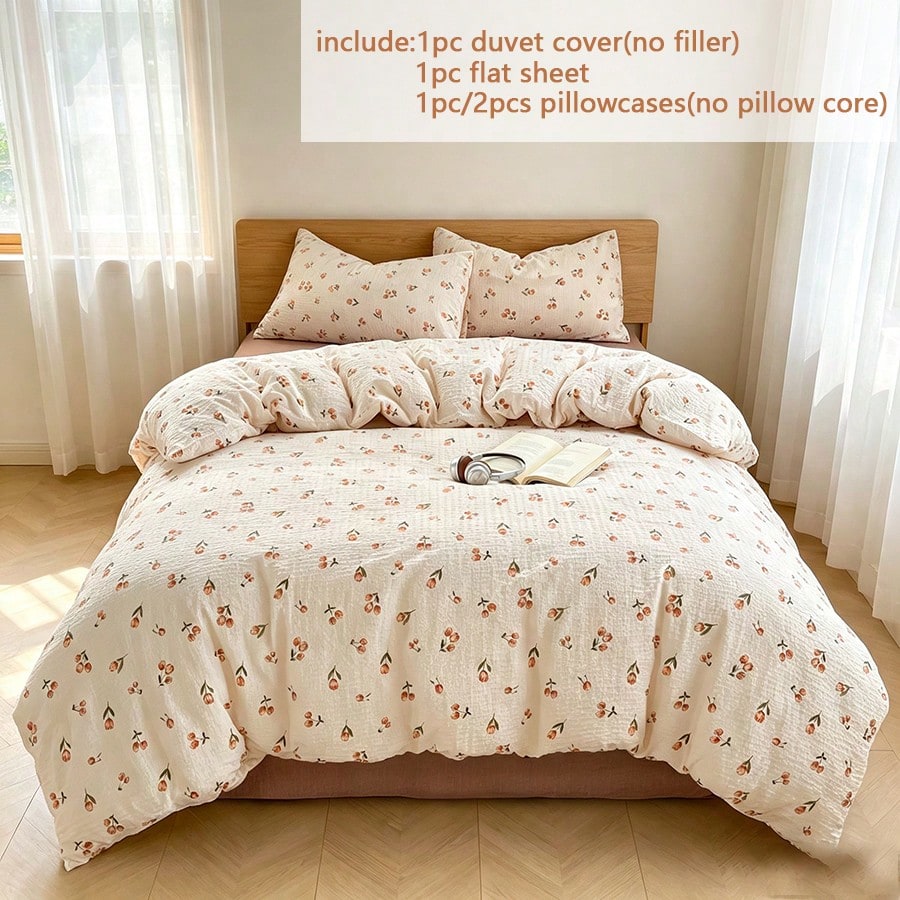 3/4pcs Orange Tulip Pattern Duvet Cover Set, French Country Style Bubble Gauze Duvet Cover, Reversible, Soft And Breathable, Machine Washable, Hand Washable, Vintage European Country Aesthetic Bedding