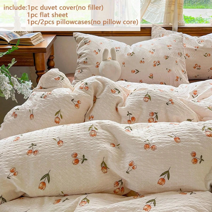 3/4pcs Orange Tulip Pattern Duvet Cover Set, French Country Style Bubble Gauze Duvet Cover, Reversible, Soft And Breathable, Machine Washable, Hand Washable, Vintage European Country Aesthetic Bedding