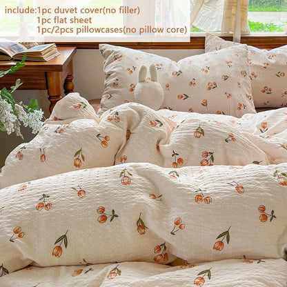 3/4pcs Orange Tulip Pattern Duvet Cover Set, French Country Style Bubble Gauze Duvet Cover, Reversible, Soft And Breathable, Machine Washable, Hand Washable, Vintage European Country Aesthetic Bedding