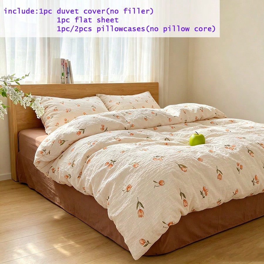 3/4pcs Orange Tulip Pattern Duvet Cover Set, French Country Style Bubble Gauze Duvet Cover, Reversible, Soft And Breathable, Machine Washable, Hand Washable, Vintage European Country Aesthetic Bedding