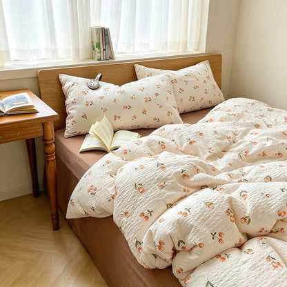 3/4pcs Orange Tulip Pattern Duvet Cover Set, French Country Style Bubble Gauze Duvet Cover, Reversible, Soft And Breathable, Machine Washable, Hand Washable, Vintage European Country Aesthetic Bedding