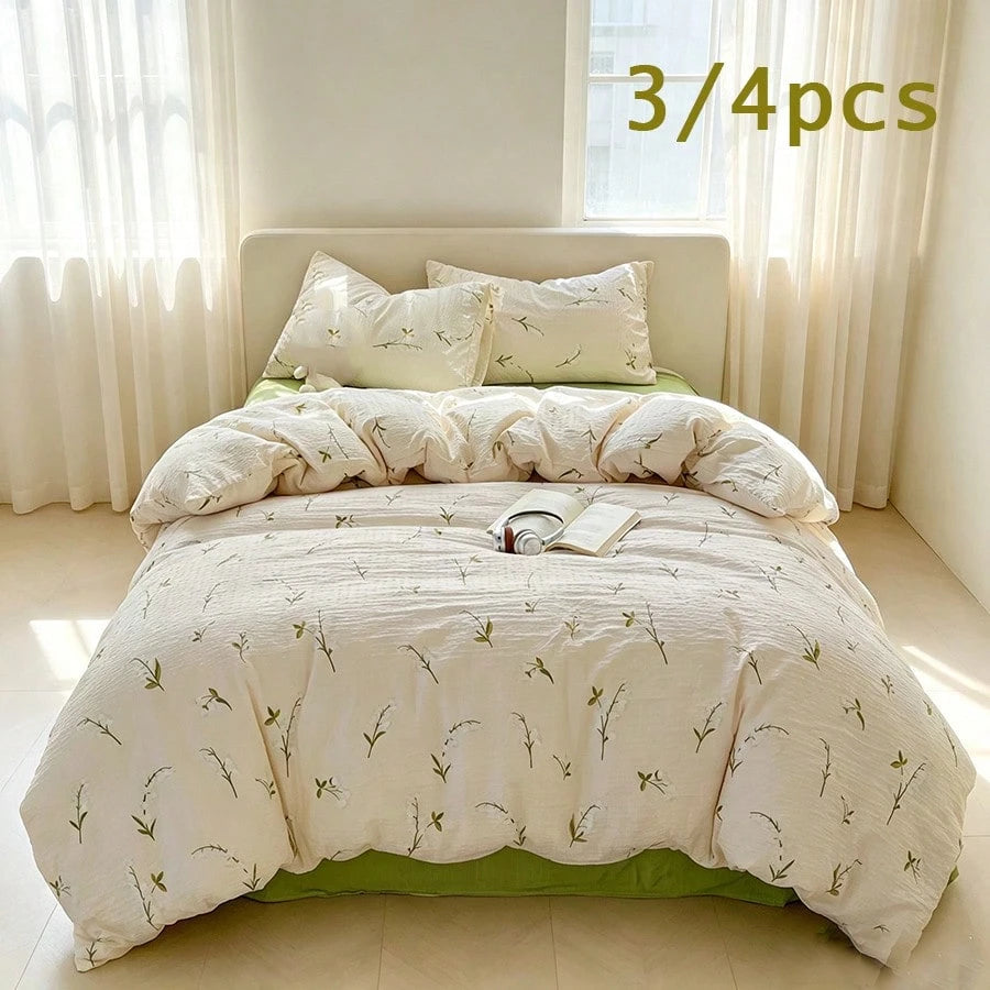 3/4pcs Orange Tulip Pattern Duvet Cover Set, French Country Style Bubble Gauze Duvet Cover, Reversible, Soft And Breathable, Machine Washable, Hand Washable, Vintage European Country Aesthetic Bedding
