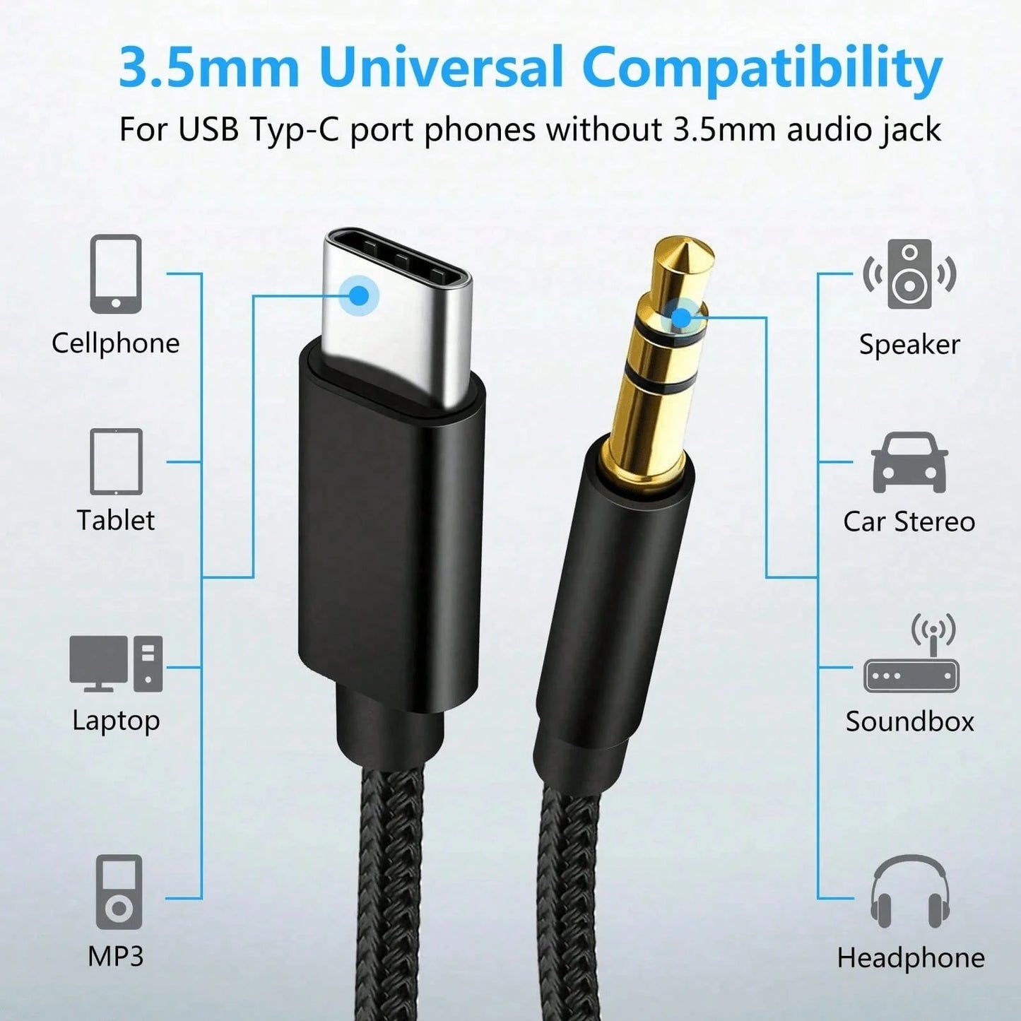 3.5ft USB-C To AUX Audio Cable, Type-C To 3.5mm Male Headphone Audio Jack Cord/AUX Cord/3.5mm Earphone Car Stereo Cable, Better Compatibility Than Other USB-C To 3.5mm AUX Audio Cables, Compatible Wit