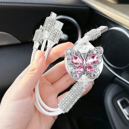 3-In-1 Butterfly Diamond Retractable Fast Charging Cable, 2/4 Port Fast Charger, 4-In-1 Multi-Port Voltage Display Car Charger, Compatible With IPhone 17 Pro Max/17 Pro/17 Air/17/16 Pro Max/16 Pro/16