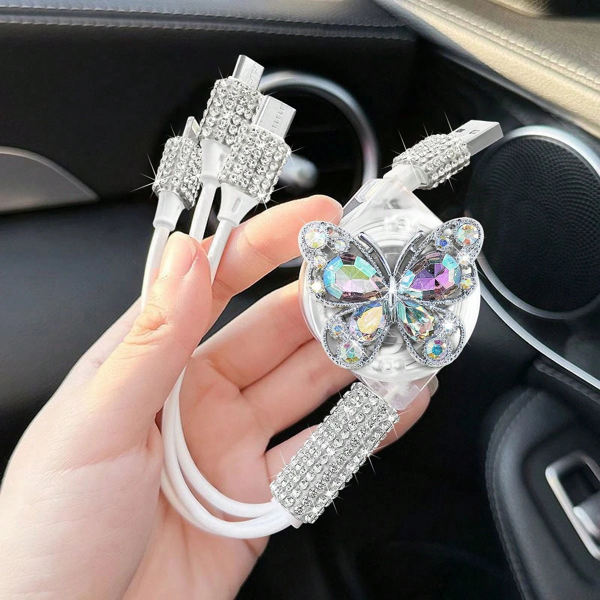 3-In-1 Butterfly Diamond Retractable Fast Charging Cable, 2/4 Port Fast Charger, 4-In-1 Multi-Port Voltage Display Car Charger, Compatible With IPhone 17 Pro Max/17 Pro/17 Air/17/16 Pro Max/16 Pro/16