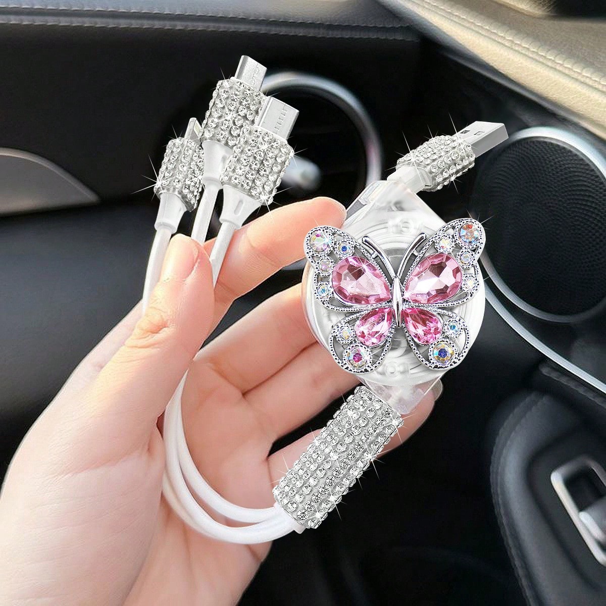 3-In-1 Butterfly Diamond Retractable Fast Charging Cable, 2/4 Port Fast Charger, 4-In-1 Multi-Port Voltage Display Car Charger, Compatible With IPhone 17 Pro Max/17 Pro/17 Air/17/16 Pro Max/16 Pro/16