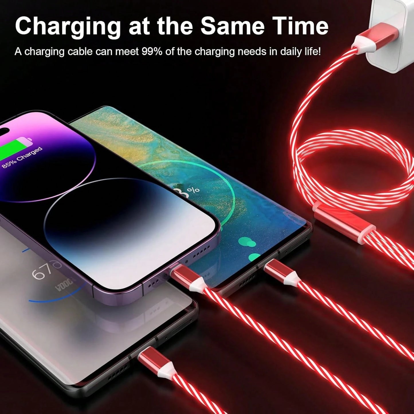 3-In-1 Glowing Data Cable With Flowing LED Running Light Fast Charging Cable, Multi-Function Charging Data Cable Compatible With Apple 17/17pro/16pro/16/15/15pro/14/13/12/11/ And Other Series Phones A