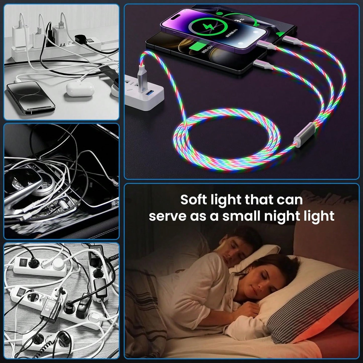 3-In-1 Glowing Data Cable With Flowing LED Running Light Fast Charging Cable, Multi-Function Charging Data Cable Compatible With Apple 17/17pro/16pro/16/15/15pro/14/13/12/11/ And Other Series Phones A