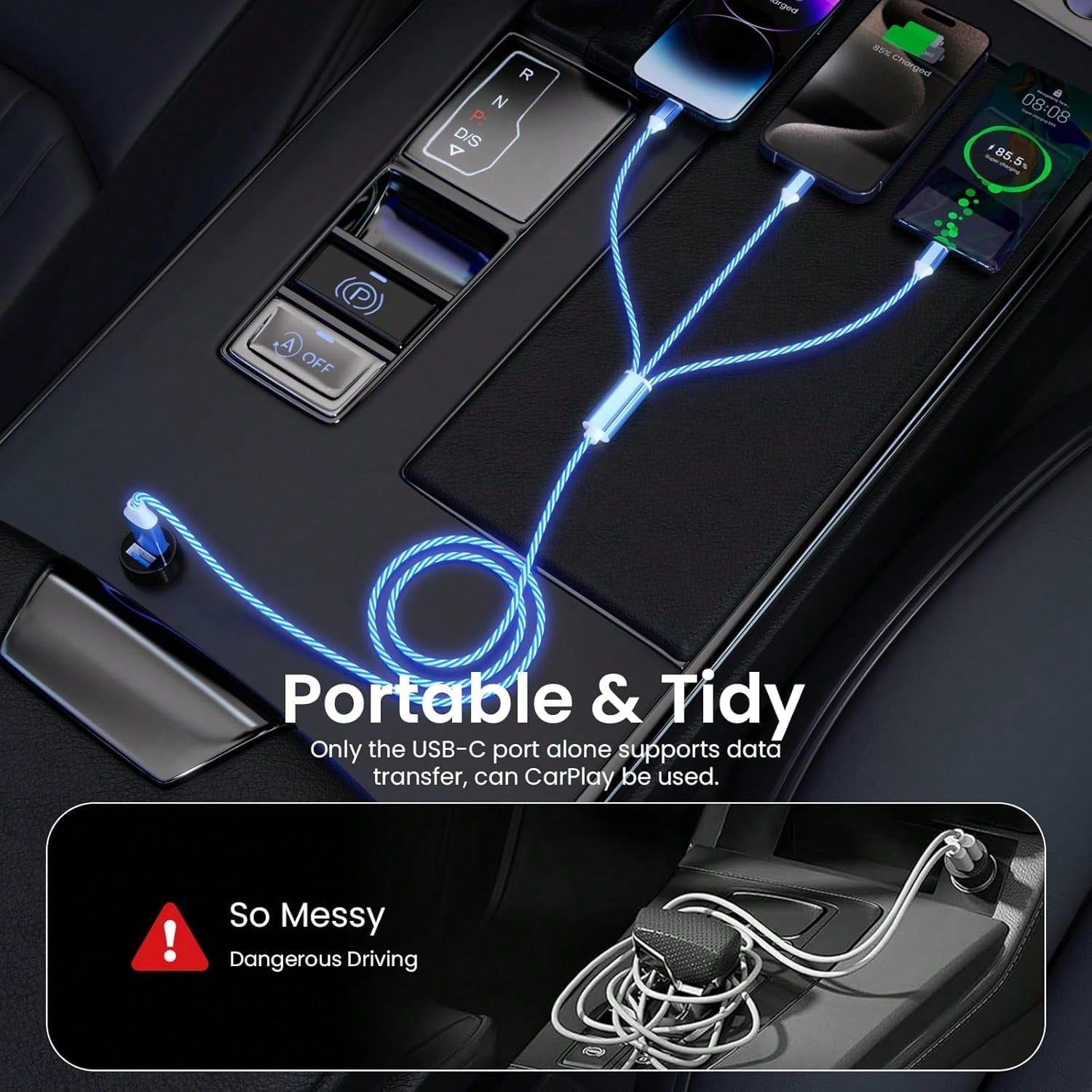 3-In-1 Glowing Data Cable With Flowing LED Running Light Fast Charging Cable, Multi-Function Charging Data Cable Compatible With Apple 17/17pro/16pro/16/15/15pro/14/13/12/11/ And Other Series Phones A