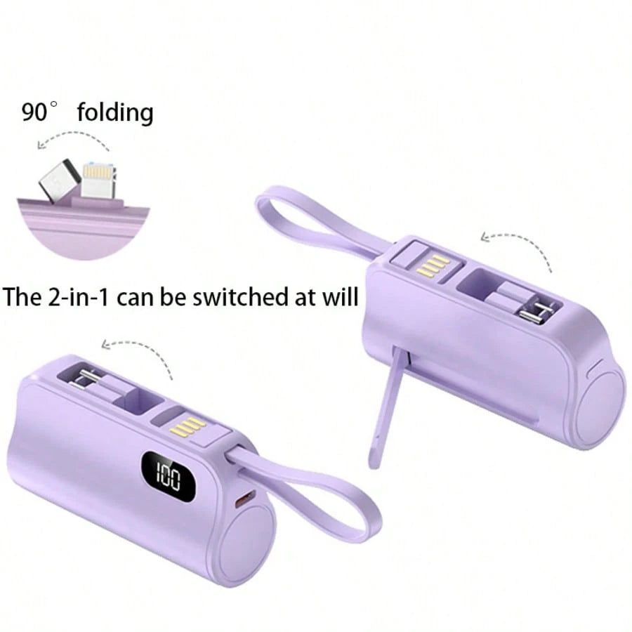 3-In-1 Mini Portable Power Bank, Hidden Tail Plug Battery Charger, With Phone Stand, LCD Power Display, 5000mAh Large Capacity, Self-Charging Data Cable, Dual Plug Rotating Design, Suitable For Variou
