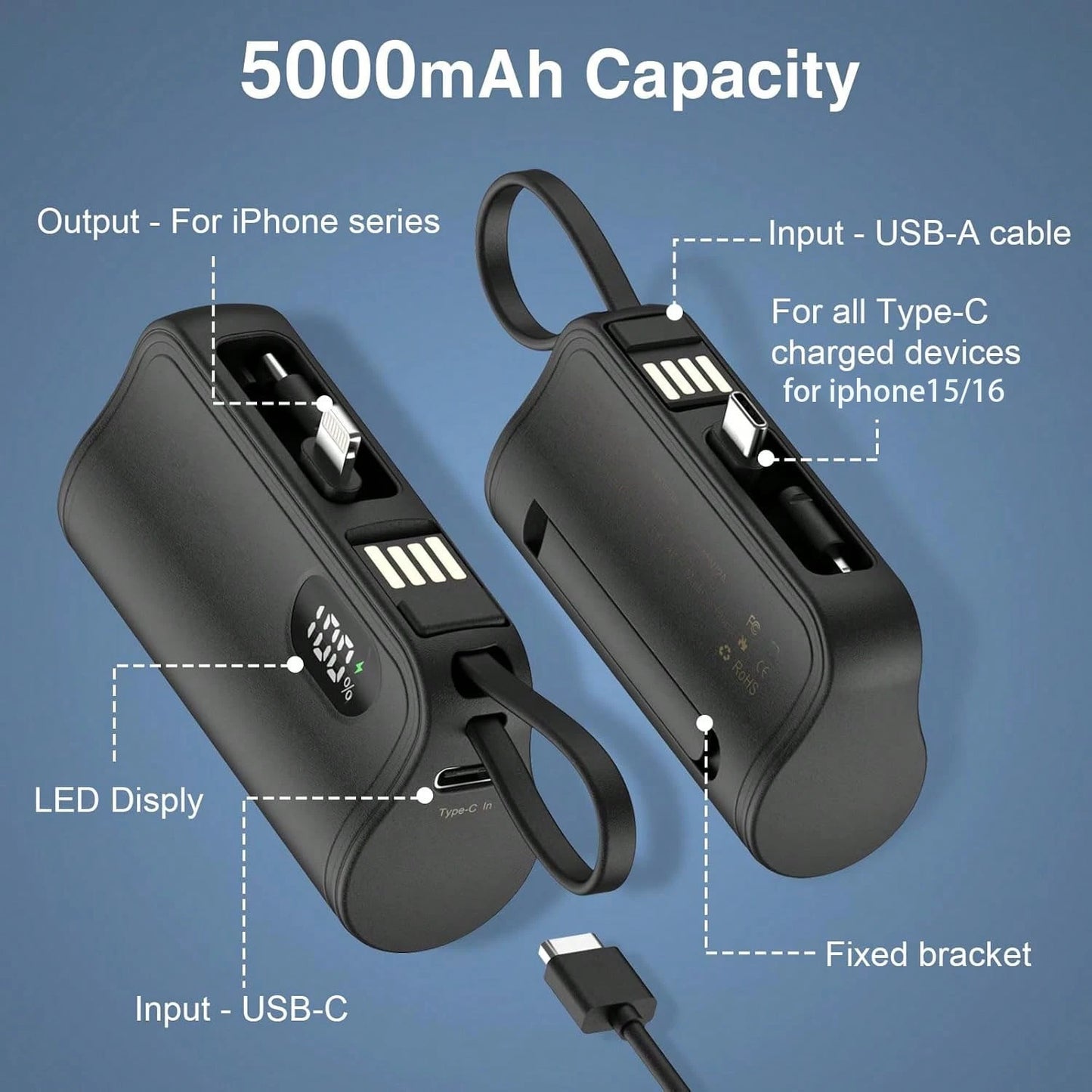 3-In-1 Mini Portable Power Bank, Hidden Tail Plug Battery Charger, With Phone Stand, LCD Power Display, 5000mAh Large Capacity, Self-Charging Data Cable, Dual Plug Rotating Design, Suitable For Variou