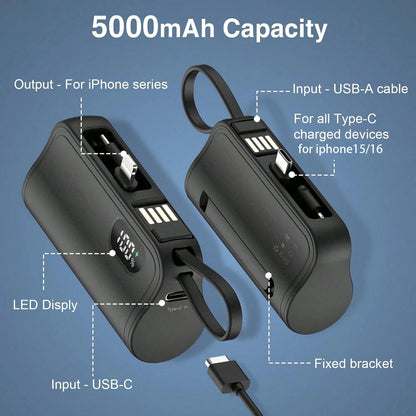 3-In-1 Mini Portable Power Bank, Hidden Tail Plug Battery Charger, With Phone Stand, LCD Power Display, 5000mAh Large Capacity, Self-Charging Data Cable, Dual Plug Rotating Design, Suitable For Variou